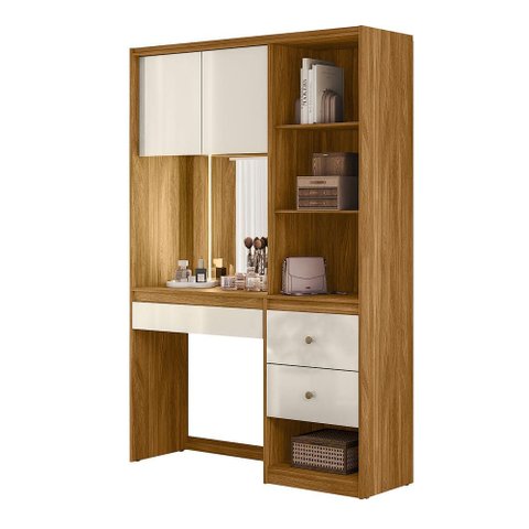 Penteadeira Camarim Multiuso com Led e Espelho com 2 Gavetas Lume - Freijó/offwhite