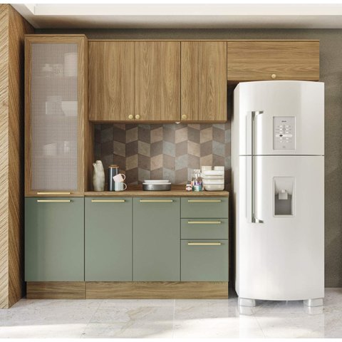 Armário de Cozinha Modulada Completa Reta 5 Peças 2,50m Botanic Kappesberg - Nogueira/Verde Oliva