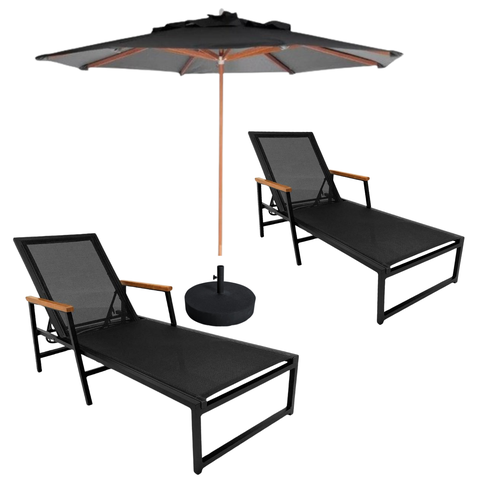 2 Espreguiçadeiras Amélia para Piscina Aluminio Tela Sling + Ombrelone 3,00m
