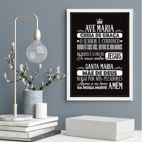 Quadro Decorativo Oração Ave Maria- Preto e Branco 24x18cm - com Vidro:madeira Branca