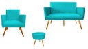 Ver imagem 1 de Kit Namoradeira + 1 Poltrona Decorativa Nina + Puff Redondo Suede Azul Tifany Pés Madeira Ms Decor