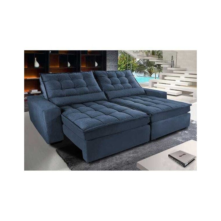 Sofá Retrátil e Reclinável com Molas Ensacadas Cama Inbox Gold 2,32M Tecido Suede Velusoft Azul