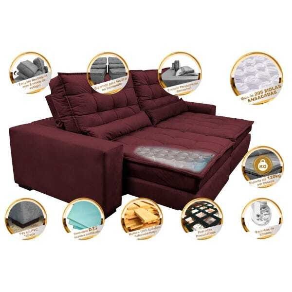 Sofá Retrátil e Reclinável com Molas Ensacadas Cama Inbox Gold 2,32M Tecido Suede Velusoft Vinho - 3