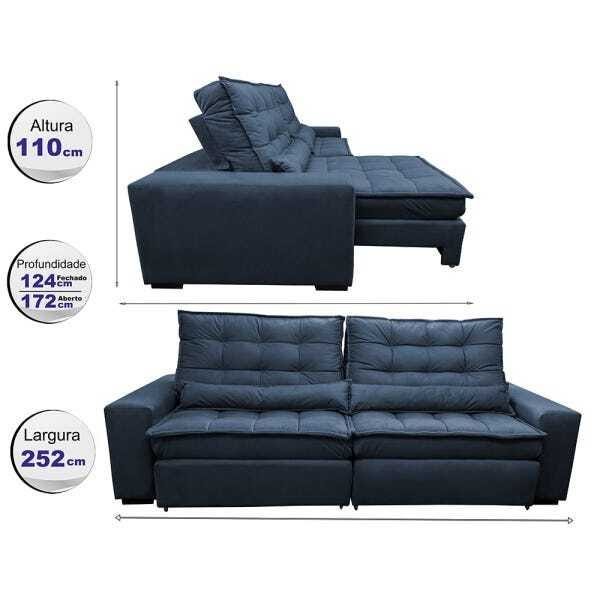 Sofá Retrátil e Reclinável com Molas Ensacadas Cama Inbox Gold 2,52M Tecido Suede Velusoft Azul - 2