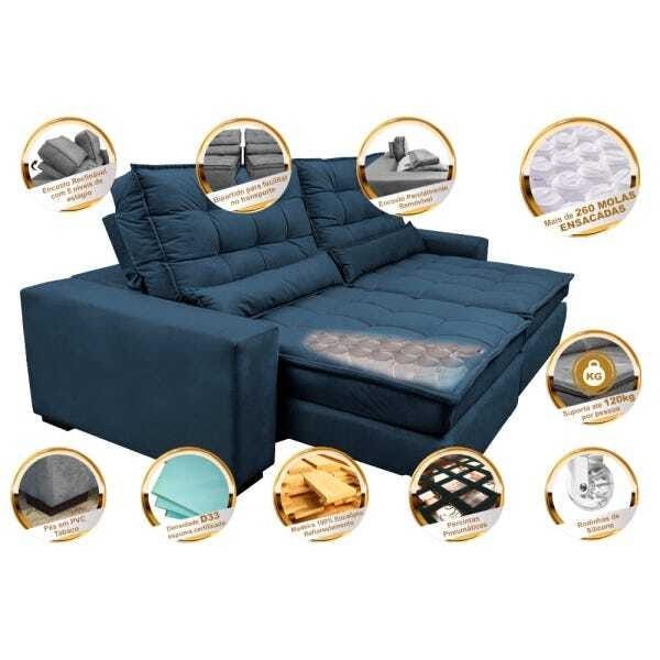 Sofá Retrátil e Reclinável com Molas Ensacadas Cama Inbox Gold 2,52M Tecido Suede Velusoft Azul - 3