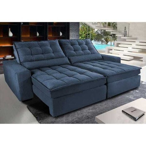 Sofá Retrátil e Reclinável com Molas Ensacadas Cama Inbox Gold 2,52M Tecido Suede Velusoft Azul