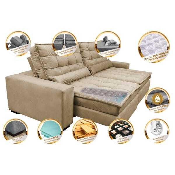 Sofá Retrátil e Reclinável com Molas Ensacadas Cama Inbox Gold 2,52M Tecido Suede Velusoft Bege - 3