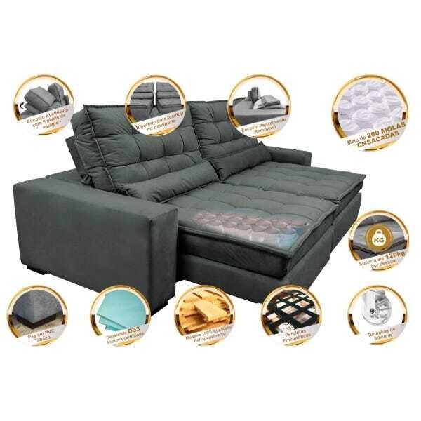 Sofá Retrátil e Reclinável com Molas Ensacadas Cama Inbox Gold 2,52M Tecido Suede Velusoft Cinza - 3