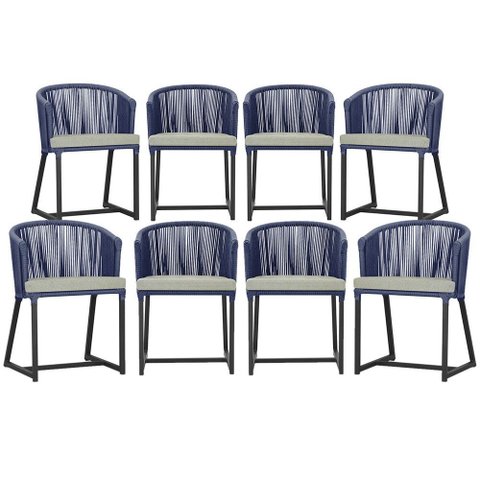 8 Cadeiras de Jantar Área Noronha em Alumínio com Pintura Preta Corda Náutica Estofado 3 Trama Origi