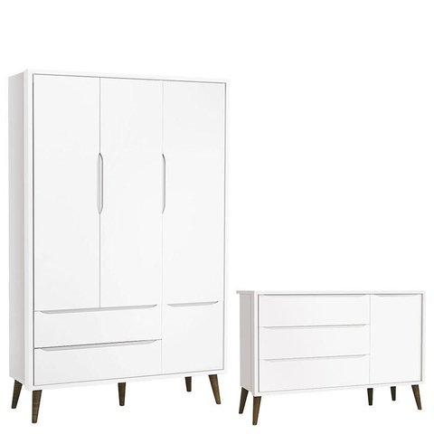 Cômoda Infantil com Porta e Guarda Roupa 3 Portas Theo Branco Acetinado com Pés Amadeirado – Reller