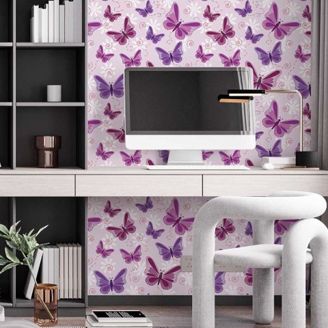 Papel de Parede Casual Borboletas em Tons de Roxo Gh Papel de Parede 2,5m