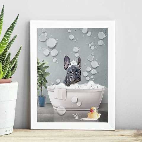 Quadro Banheiro Bulldog Francês Aquarela 24x18cm - com Vidro:madeira Preta