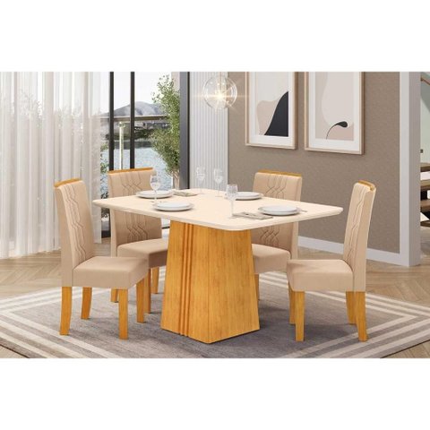Conjunto: Mesa de Cozinha Italia c/ Tampo Madeirado c/ Vidro 120x90cm e 4 Cadeiras Zoe Freijo/Off