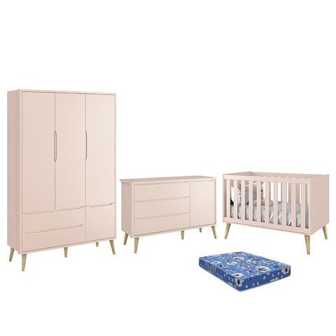 Dormitório Infantil Theo Retrô 3 Portas, Cômoda 1 Porta, Berço Rosa Fosco com Pés Madeira Natural e