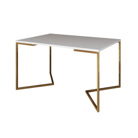 Mesa de Jantar Industrial Retangular Branca 137x90cm Base V Dourada