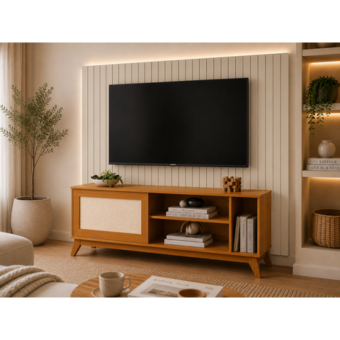 Rack para TV Tela Rattan até 55 Polegadas com 1 Porta Deslizante 136cm Palha Indiana Cedro