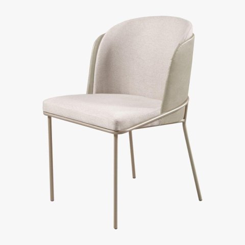 Cadeira Aurora em Linho Bege e Couro Pérola Pés em Metal Champanhe