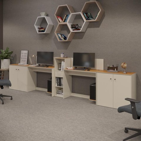 Conjunto de Escritório Noruega 1 Livreiro 2 Buffet e 2 Mesas 90cm - Via Nossa - Off White e Cedro