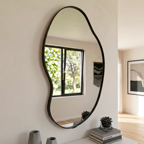 Espelho Orgânico Luna 70x50cm Moldura Couro Ecológico Decorativo Banheiro Sala:Preto