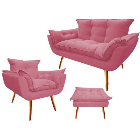 Kit Namoradeira + 1 Poltrona + 1 Puff Decorativo Opala Suede Rosa Pés Madeira Mz Decor