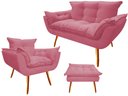 Ver imagem 1 de Kit Namoradeira + 1 Poltrona + 1 Puff Decorativo Opala Suede Rosa Pés Madeira Mz Decor