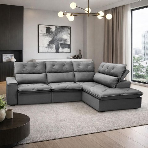 Sofá 3 Lugares Retrátil Reclinável Chaise Direito 258cm Bergen F04 Veludo Grafite - Lyam Decor