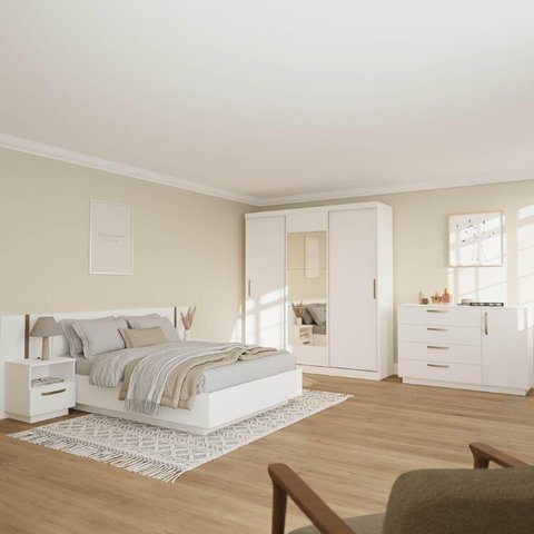 Kit Guarda Roupas 3 Portas, Cama Casal e Complementos de Quarto Araçá CabeCasa MadeiraOriginals Branco