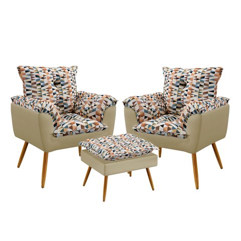 Kit 2 Poltronas Beta com Puff Lunar Suede Estampado Laranja com Bege Aradecor