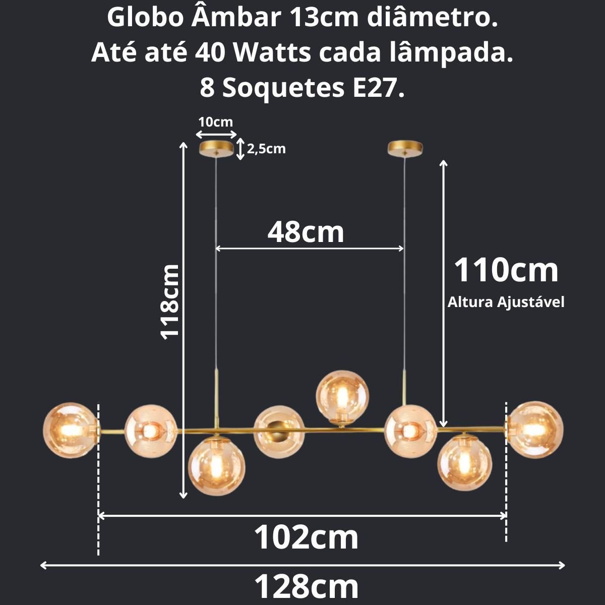 Luminária Lustre 8 Globos 128cm X 118cm Jabuticaba Pendente Teto Gimpo Kjdd-e-544-gold-amber-8 - 6