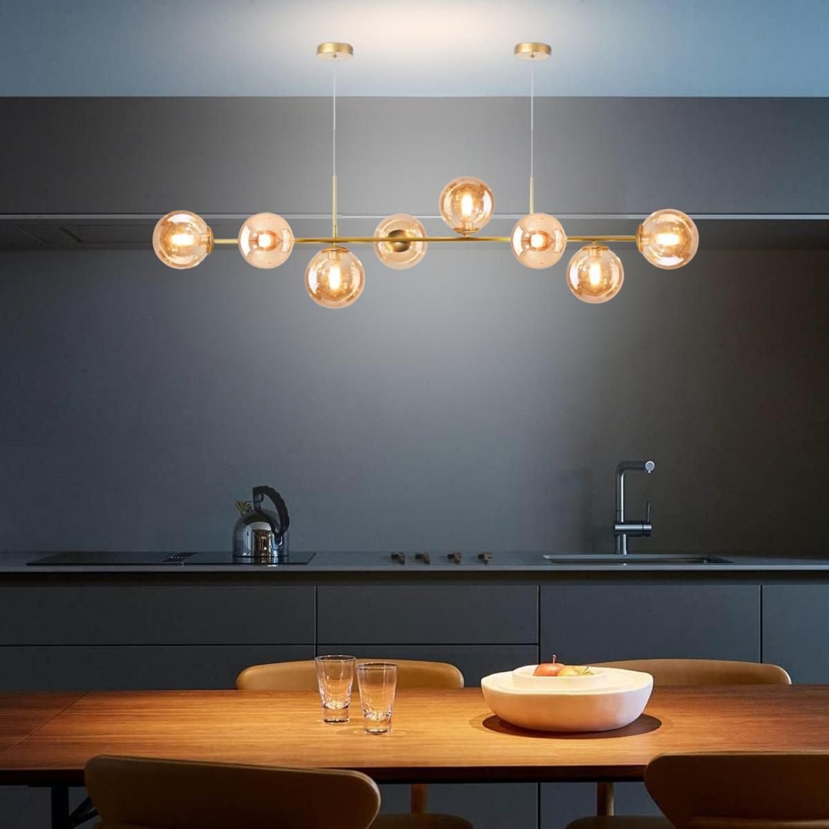 Luminária Lustre 8 Globos 128cm X 118cm Jabuticaba Pendente Teto Gimpo Kjdd-e-544-gold-amber-8 - 7