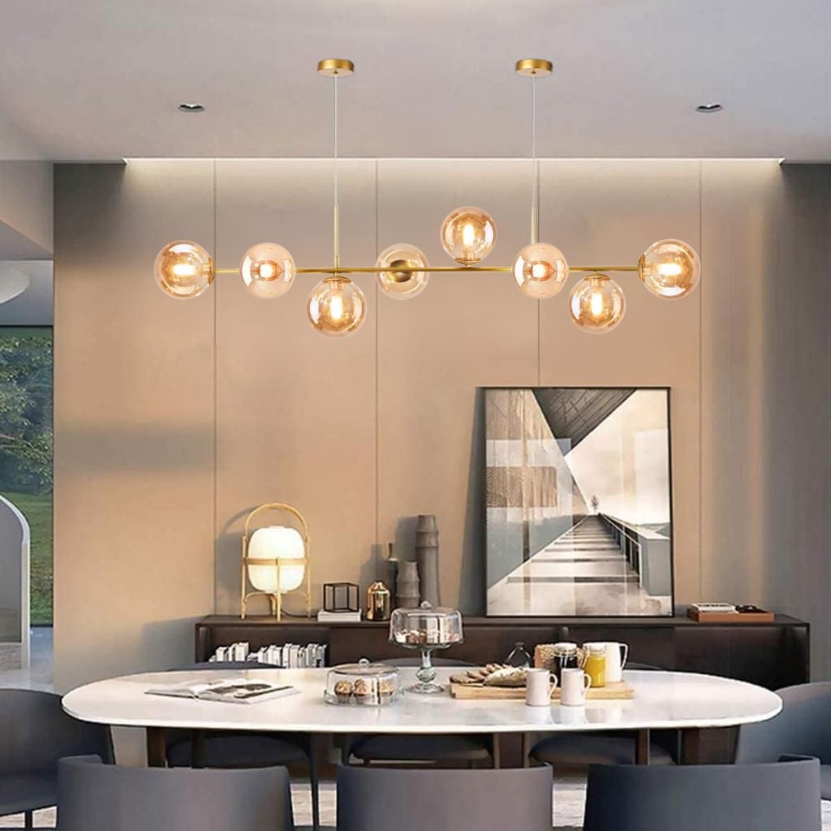 Ver imagem 2 de Luminária Lustre 8 Globos 128cm X 118cm Jabuticaba Pendente Teto Gimpo Kjdd-e-544-gold-amber-8