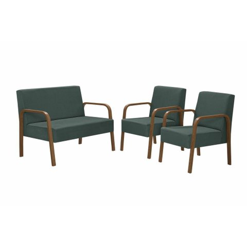 Conjunto Poltronas Jade Braço Madeira Suede Verde