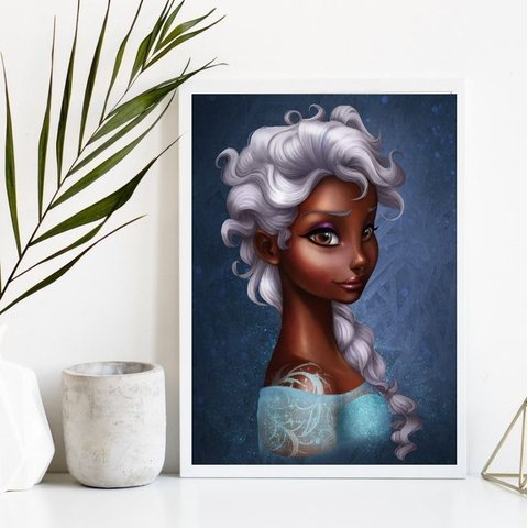 Quadro Princesa Elsa Versão Negra 33x24cm - com vidro:Madeira branca