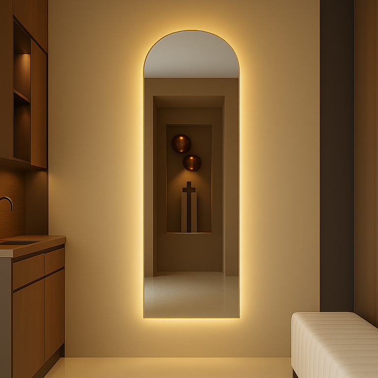 Espelho Grande Corpo Inteiro sem Moldura C/ Led Base Reta Designer Moderno Decorativo 150x40cm