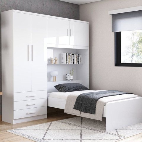 Guarda-Roupa Solteiro 4 Portas com Cama de Solteiro Cancun Yescasa Branco/Lilás