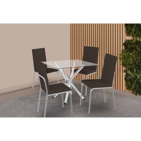 Conjunto: Mesa Sala Jantar Volga C/ Tampo de Vidro 90cm e 4 Cadeiras Amsterdã Cromada - Courano
