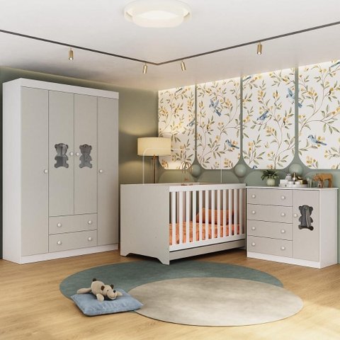 Quarto de Bebê Completo com Berço Americano 3 em 1 Teddy Multimóveis Mp4644 Branco/off White