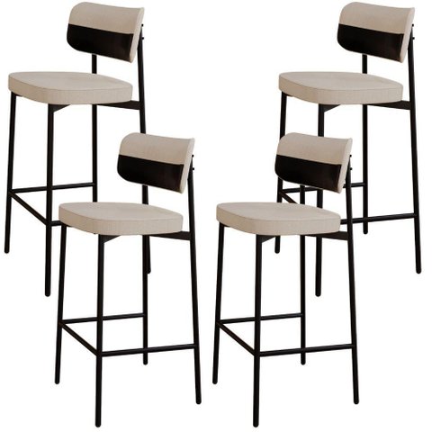 Kit 04 Banquetas Alta Bar Cozinha Sala de Jantar Aço Preto Kaira C01 Linho Areia Courino Preto -