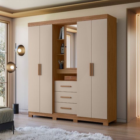 Guarda Roupa Roupeiro Eldorado Porta Objetos Espelho 5 Portas 3 Gavetas Carvalho Fendi Moval