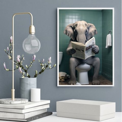 Quadro Elefante no Banheiro Lendo Jornal 24x18cm - com Vidro:madeira Preta