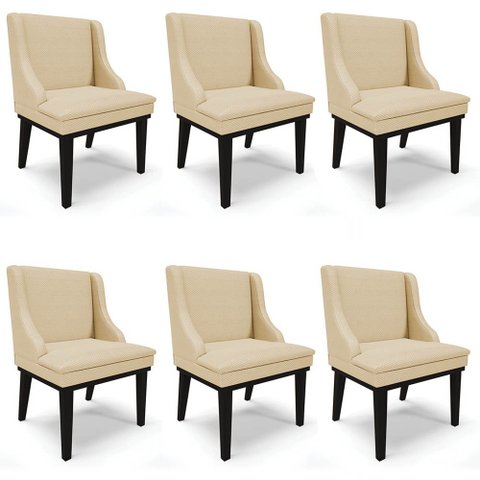 Kit 6 Cadeiras Estofadas para Sala de Jantar Base Fixa de Madeira Preto Lia Veludo Luxo Off White - 