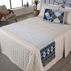 Kit 5 Peças Peseira Casal Padrão e Queen com Almofadas Cheias Dupla Face Grécia Jacquard Cor Azul