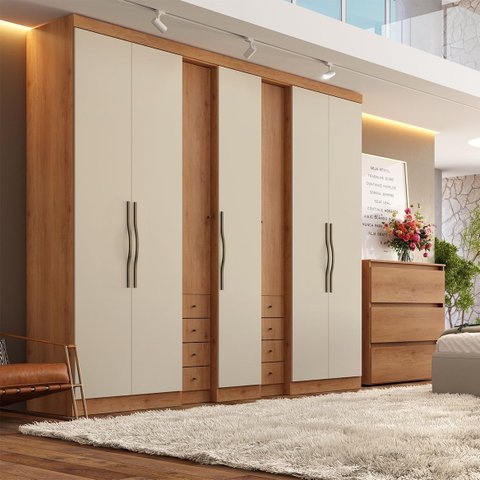 Guarda-Roupa Casal 7 Portas 8 Gavetas Freijó/Areia Off White 233 x 270cm Yescasa Absolut New