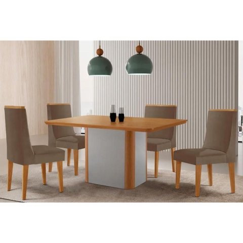 Conjunto: Mesa Sala Jantar Pietá Tampo Curvo 120cm+4 Cadeiras Dakota Madeira Naturale/off White -