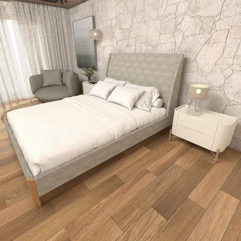 Cama com Cabeceira Queen sob Medida e 2 Mesas 100% Mdf Cor:linho Lincoln Amêndoa com Grigio
