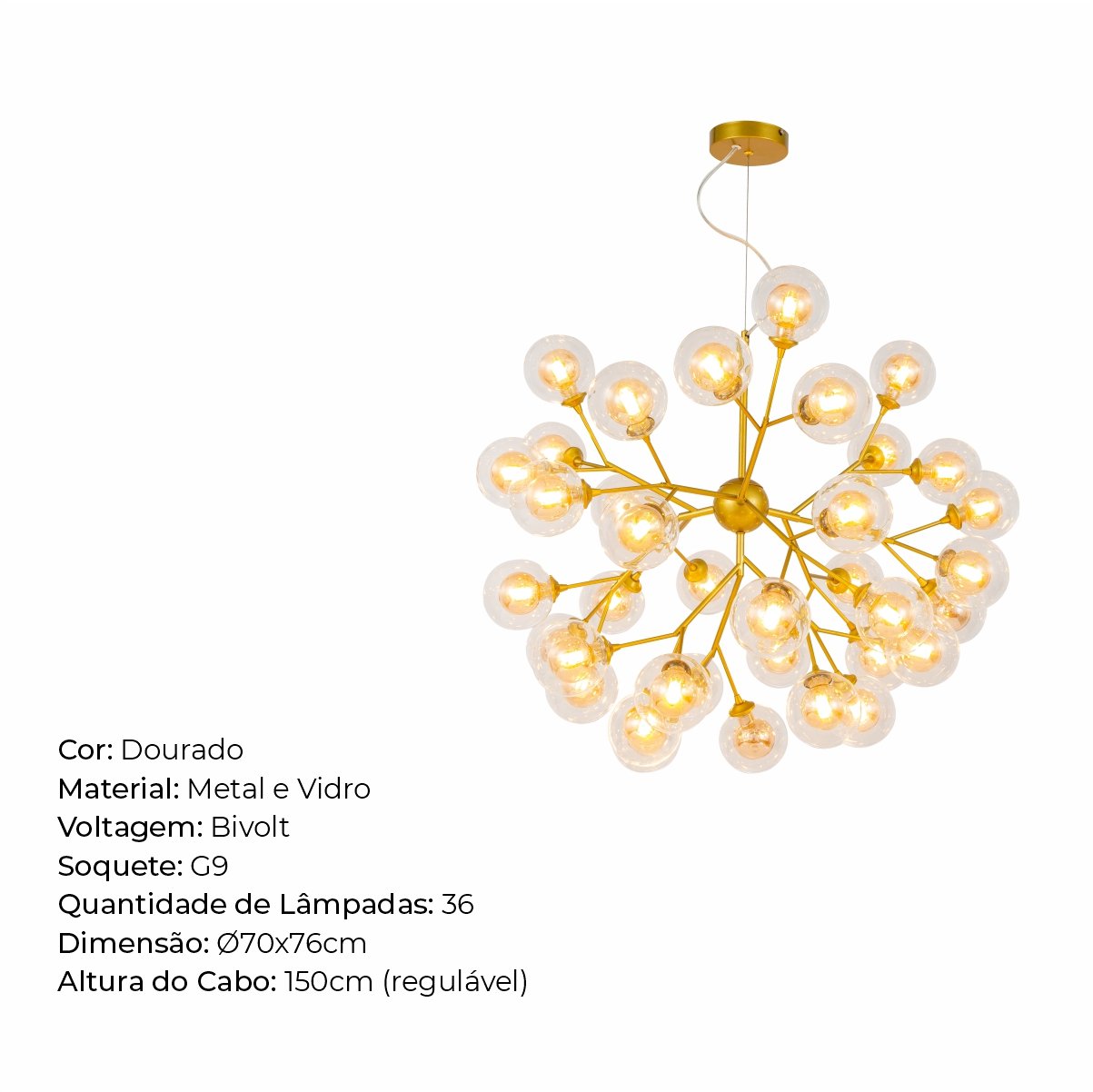 Lustre Pendente Dourado 70cm 36 Cúpulas Soquete G9 Bivolt - 7