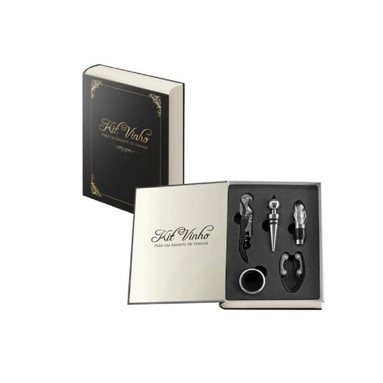 Kit Vinho Abridor Saca Rolhas Tampa Dosador Livro 05 Peças