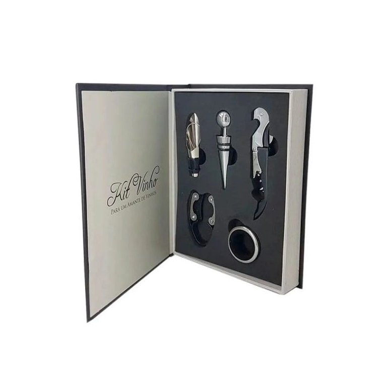Kit Vinho Abridor Saca Rolhas Tampa Dosador Livro 05 Peças