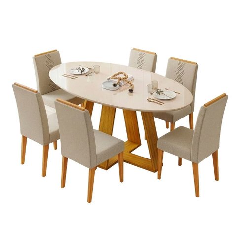 Conjunto Sala de Jantar Mesa Tampo em Vidro 1,80m Vick 6 Cadeiras Tati