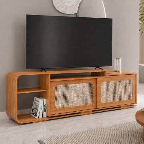Rack para TV até 75 Polegadas 2 Portas Palinha 180cm Santorini Marrom Mel/Palha Natural